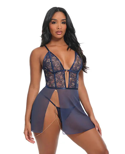 Bleu Floral Embroidered V-Plunge Babydoll w/Chain Tassel, Chain Garter, & G-String - Navy(Pre-order item)
