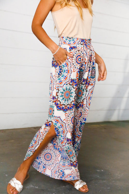 Azure Blue Boho Paisley Smocked Waist Slit Palazzo Pants