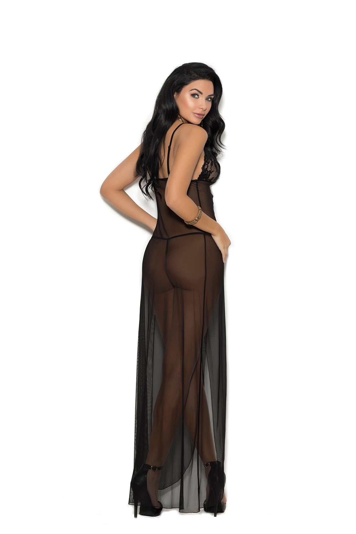 Long Mesh Gown Features Front Slit, Satin Bows And Front Lace Panel With Lace Cups And Adjustable Straps, Matching Mesh G-string Included