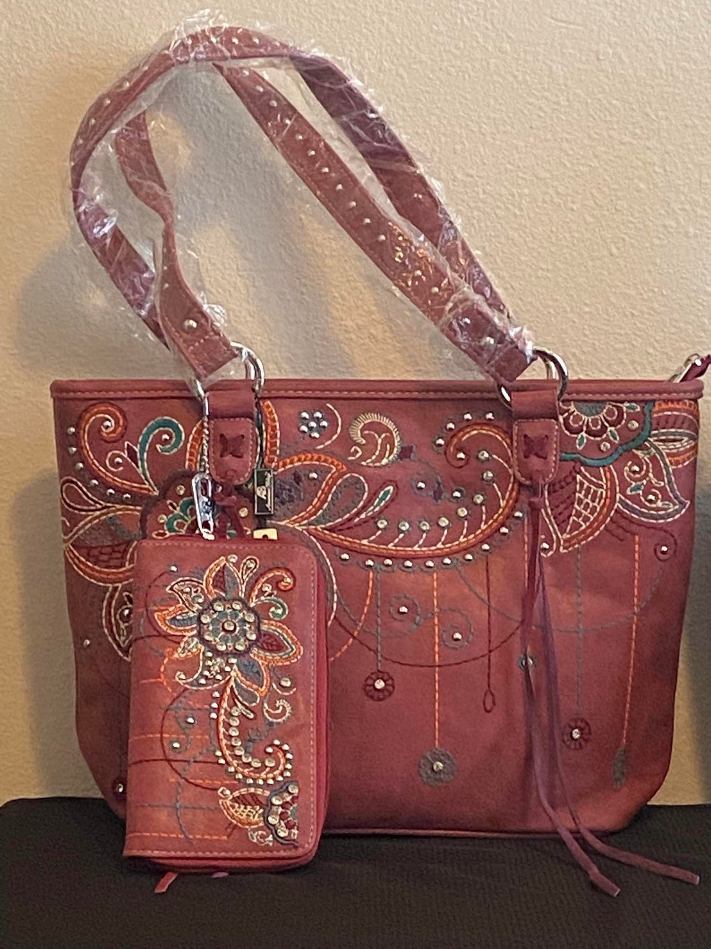 American Bling Floral Embroidered Tote and Wallet Set (Concealed Carry)