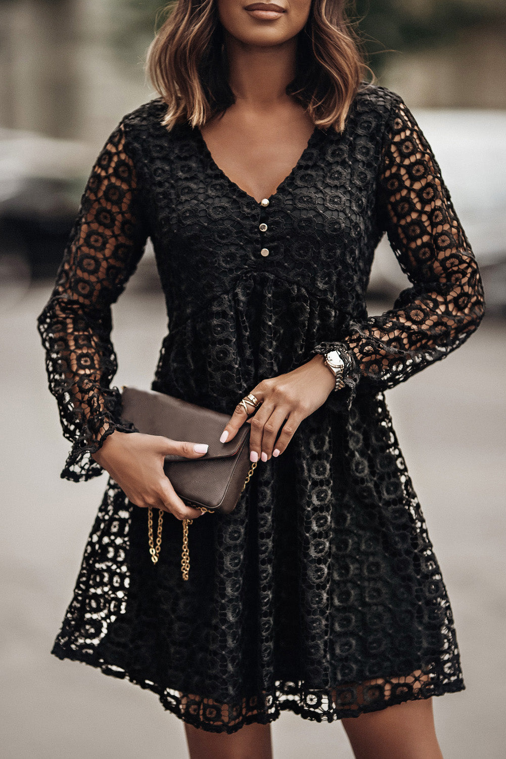 Buttoned Empire Waist Lace Dress – Dazzled Bags & Accessories