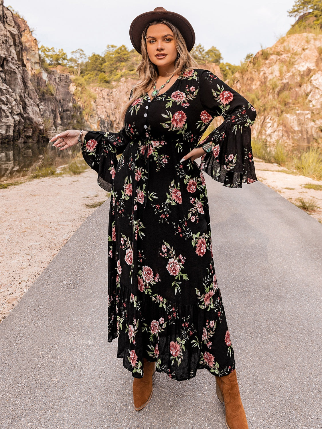Plus Size Floral Flare Sleeve Dress  Dazzled Bags & Accessories