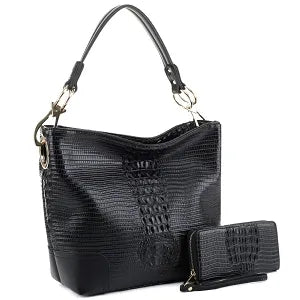 Side Ring Large Hooked Crocodile Hobo Wallet SET