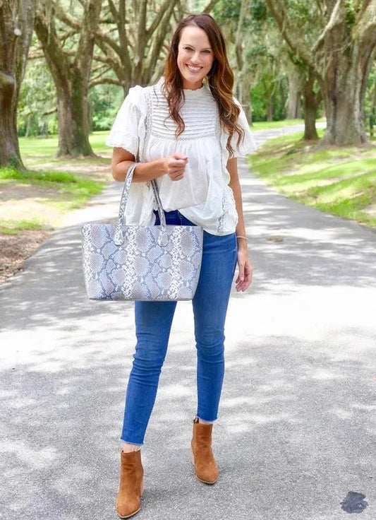 Cassie Snake Denim Shoulder Tote