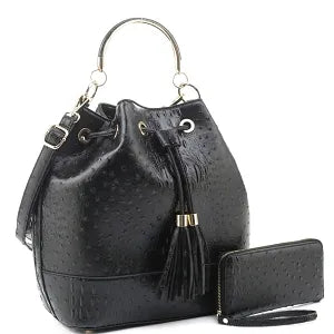 Ostrich Print 2-Way Drawstring Satchel Wallet SET
