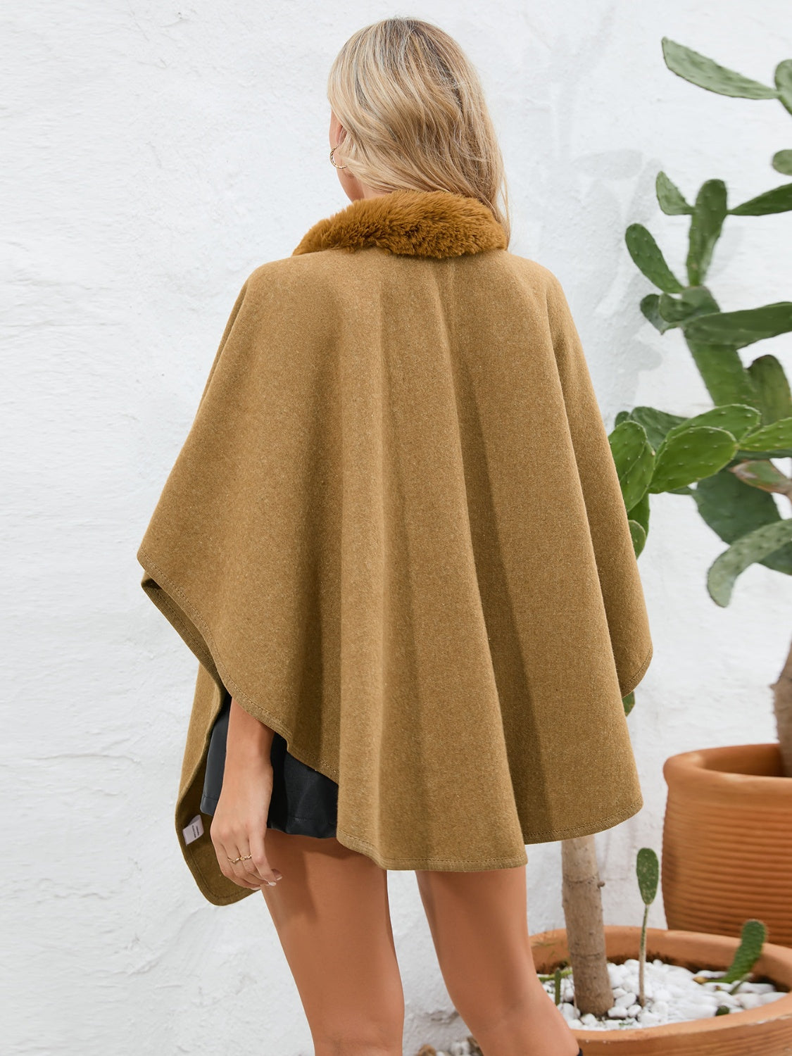 Fuzzy Trim Open Front Poncho