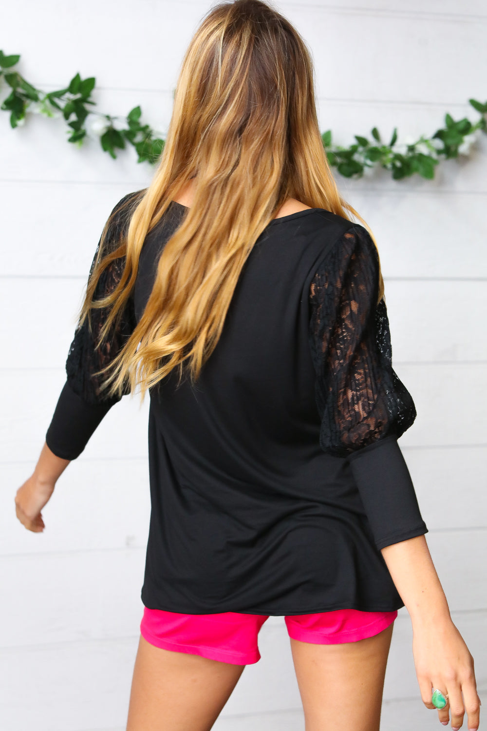 Black Lace Three Quarter Bubble Sleeve Top