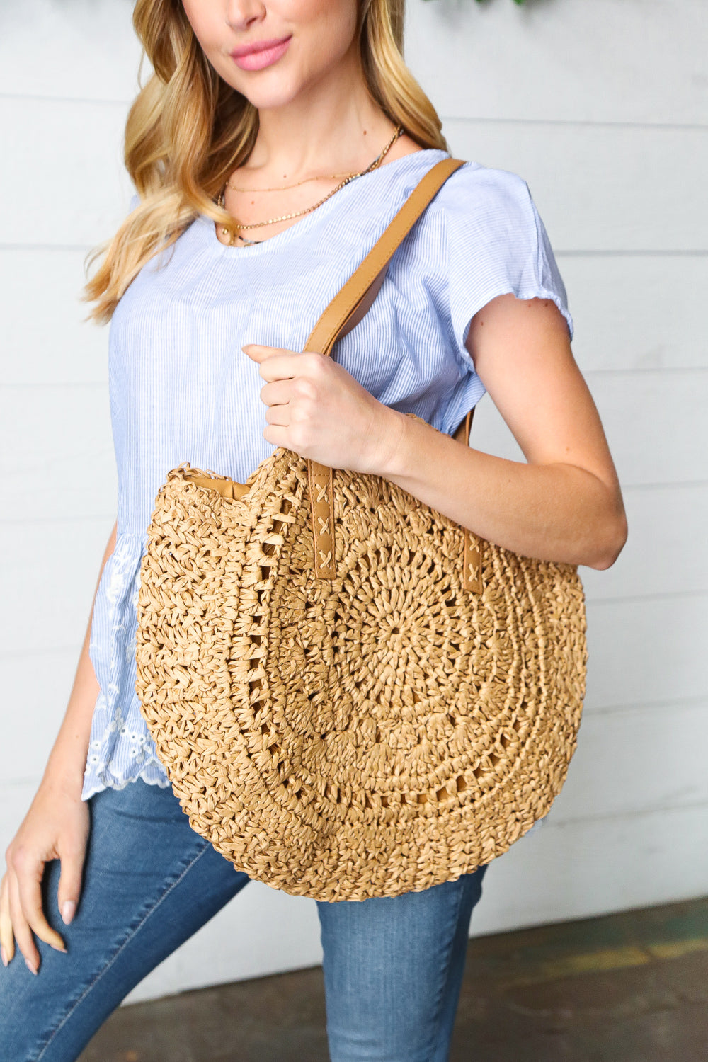 Tan Braided Raffia Circle Lined Tote Bag