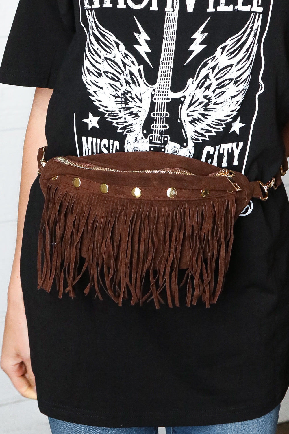 Brown Faux Suede Fringe Convertible Fanny/Sling Bag