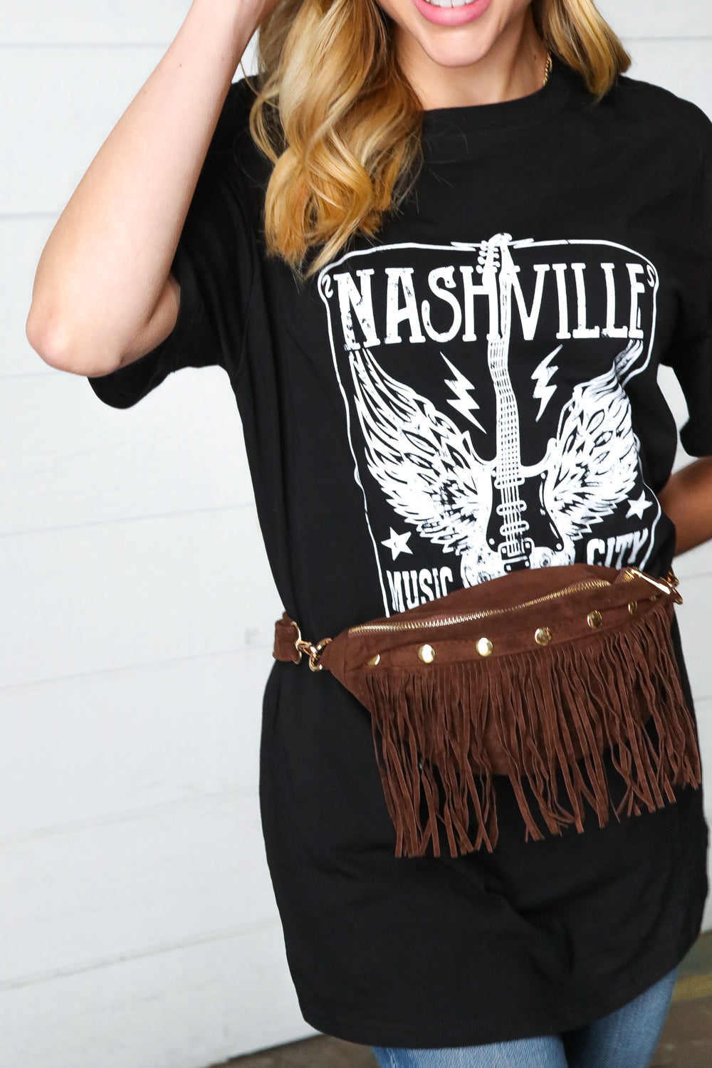 Brown Faux Suede Fringe Convertible Fanny/Sling Bag