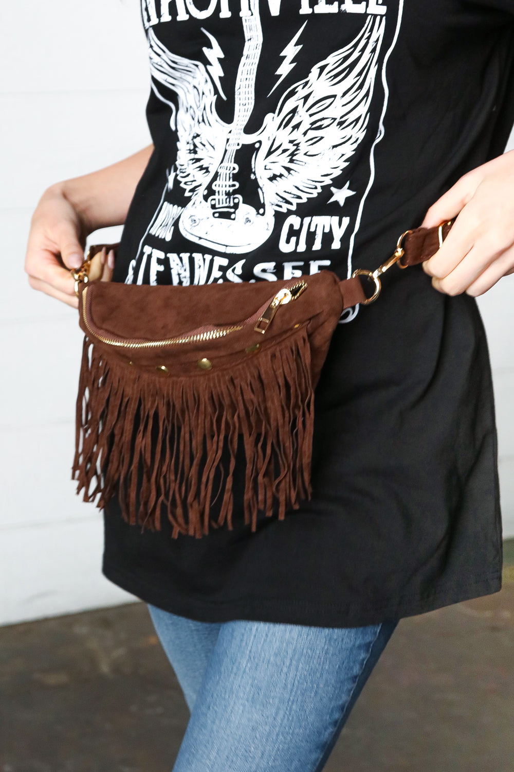 Brown Faux Suede Fringe Convertible Fanny/Sling Bag