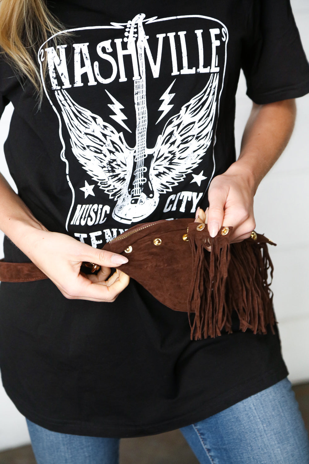 Brown Faux Suede Fringe Convertible Fanny/Sling Bag