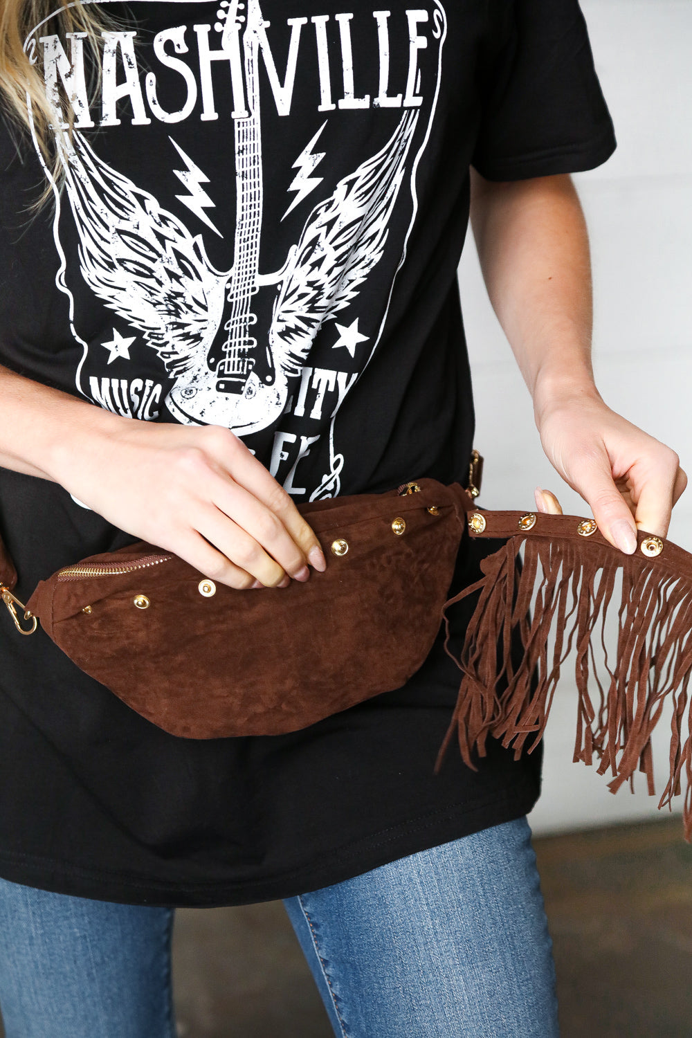 Brown Faux Suede Fringe Convertible Fanny/Sling Bag