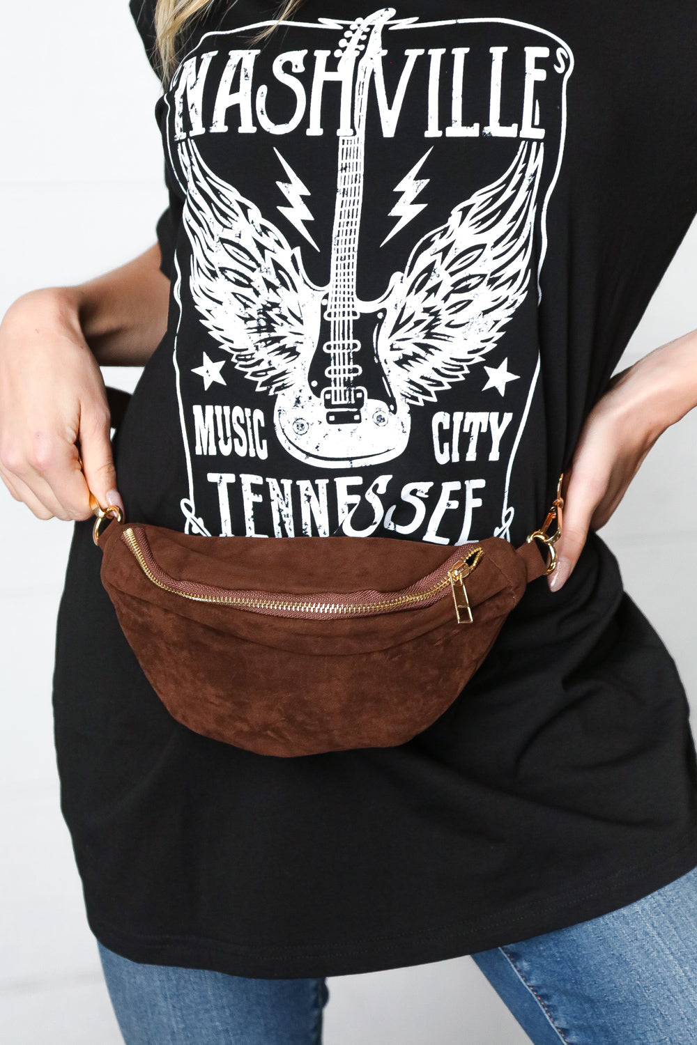 Brown Faux Suede Fringe Convertible Fanny/Sling Bag