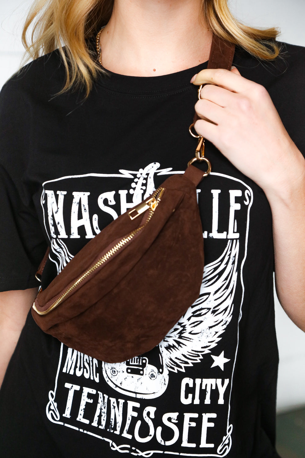 Brown Faux Suede Fringe Convertible Fanny/Sling Bag