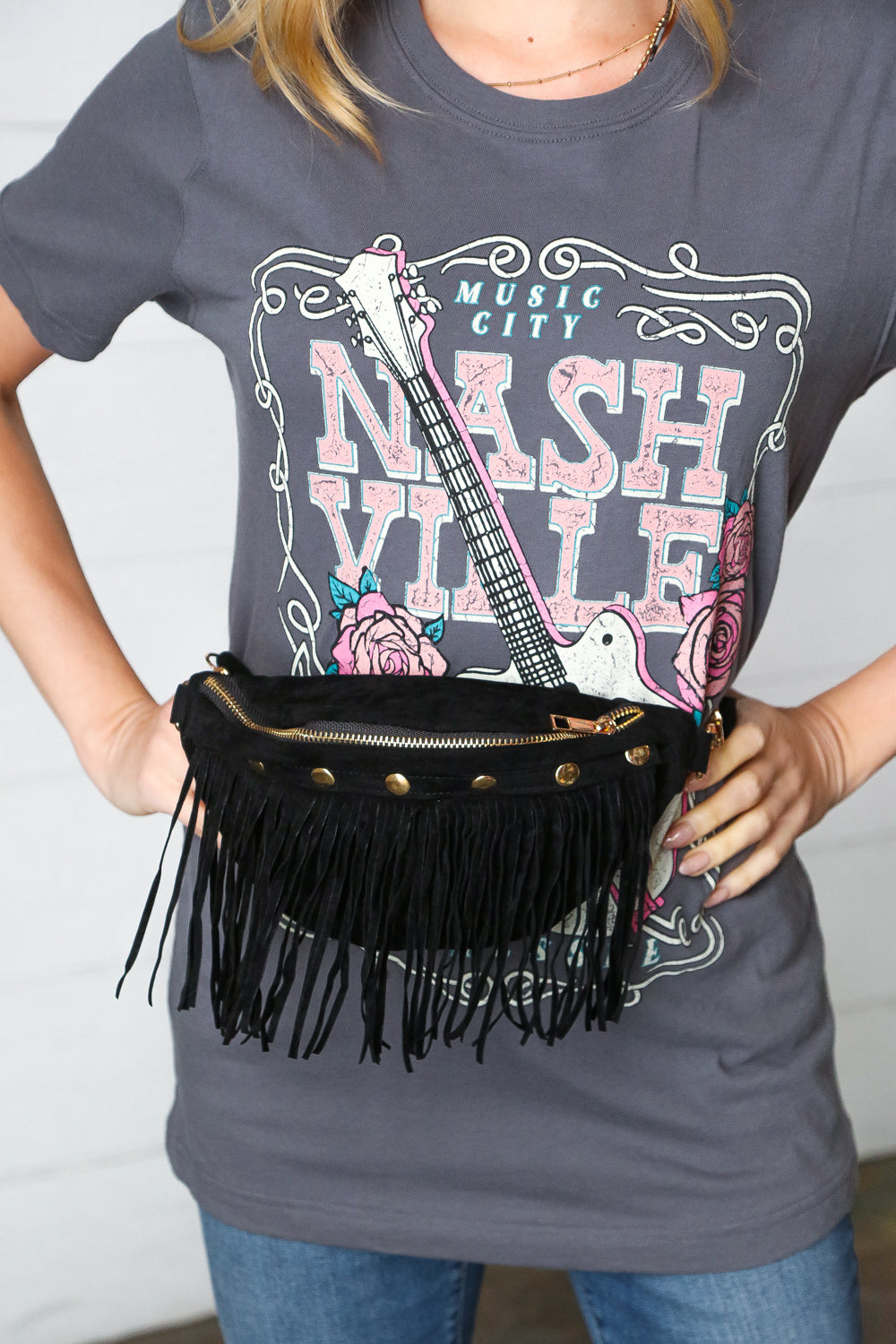 Black Faux Suede Fringe Convertible Fanny/Sling Bag