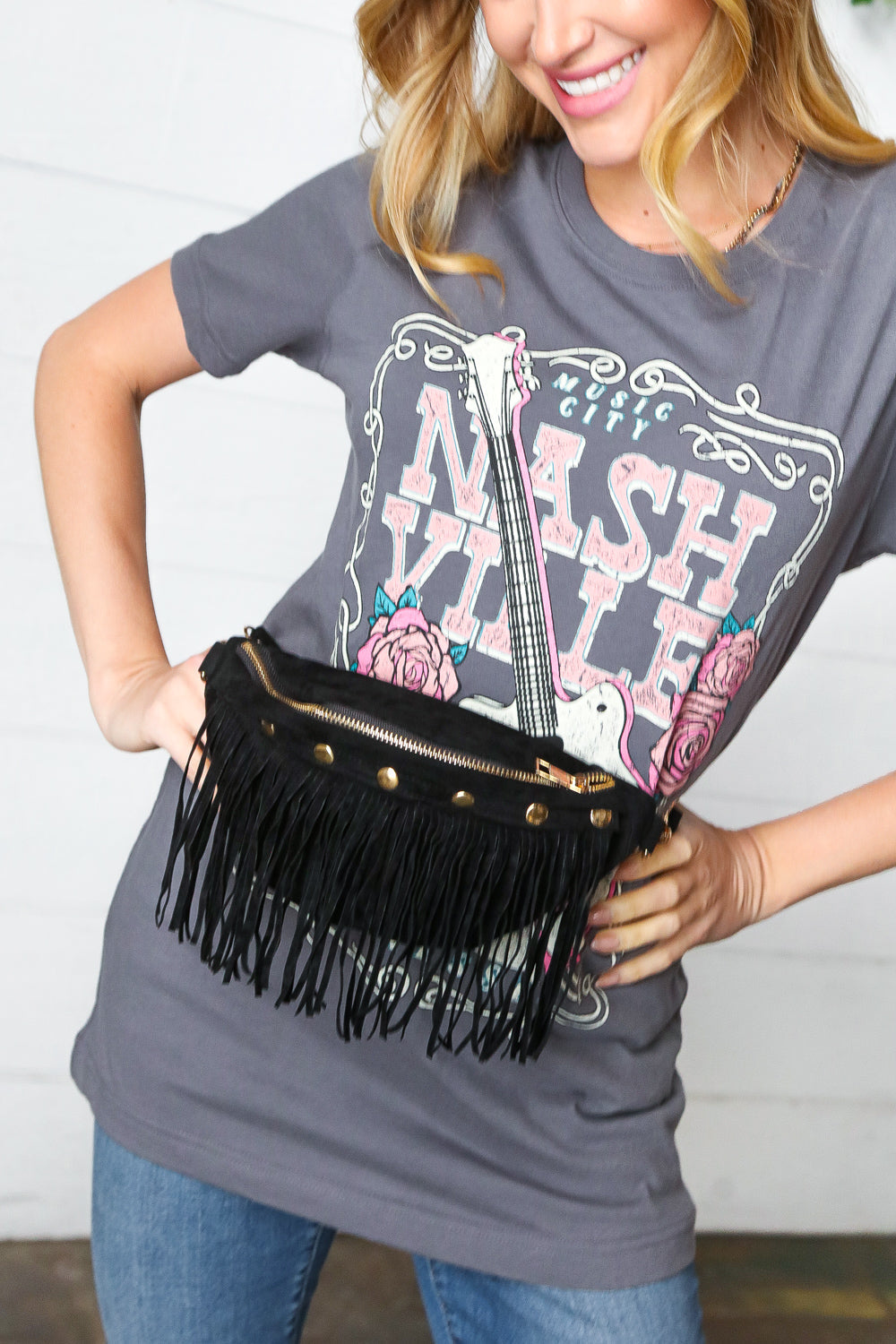 Black Faux Suede Fringe Convertible Fanny/Sling Bag