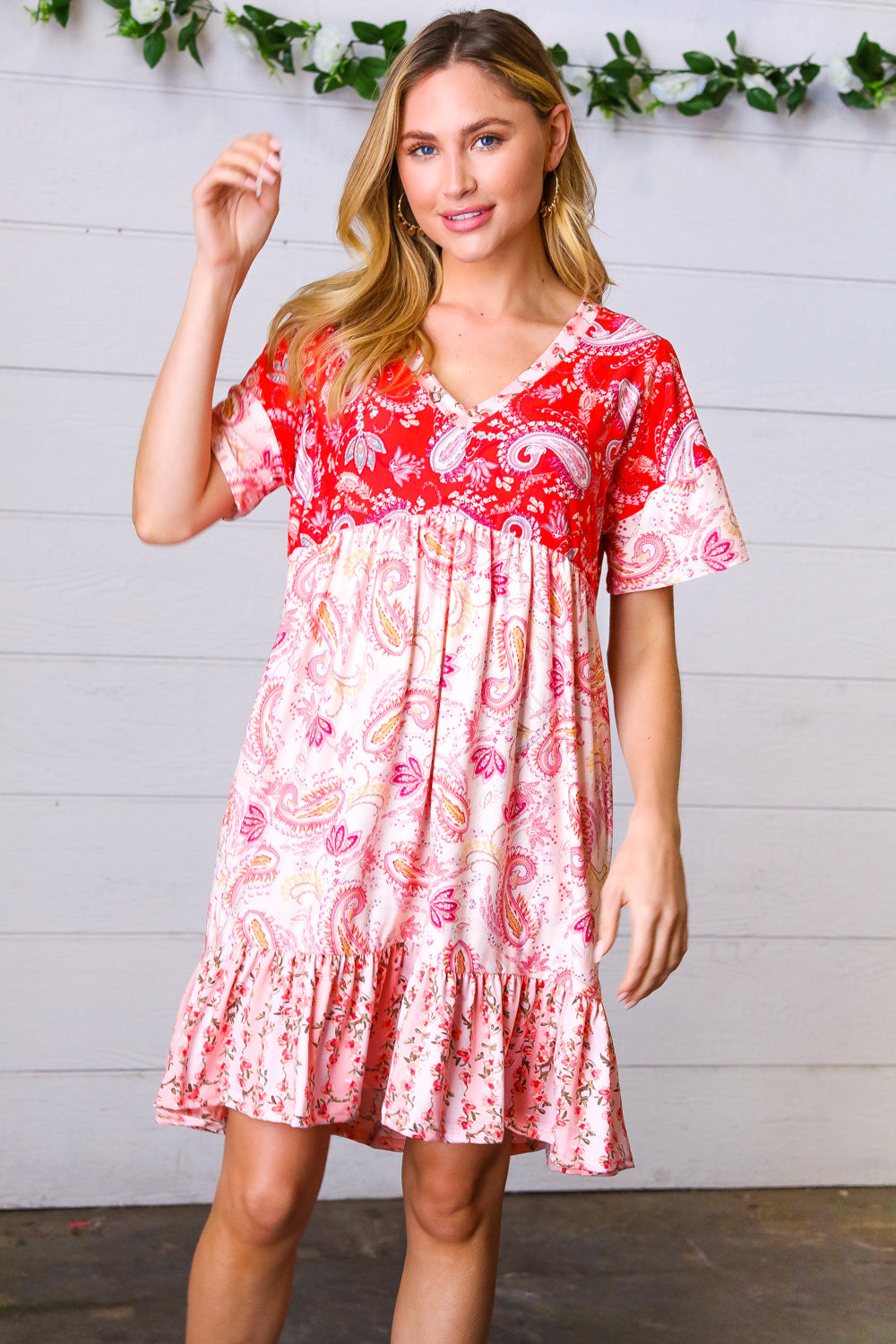 Red & Blush Floral Paisley Ruffle Hem Pocketed Dress