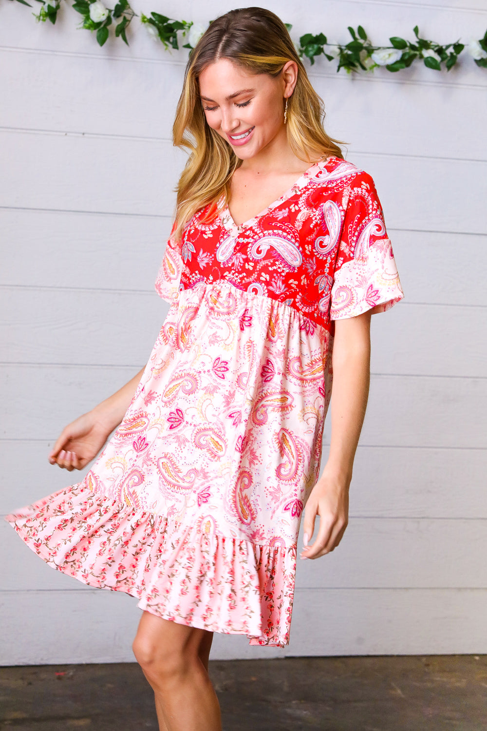 Red & Blush Floral Paisley Ruffle Hem Pocketed Dress