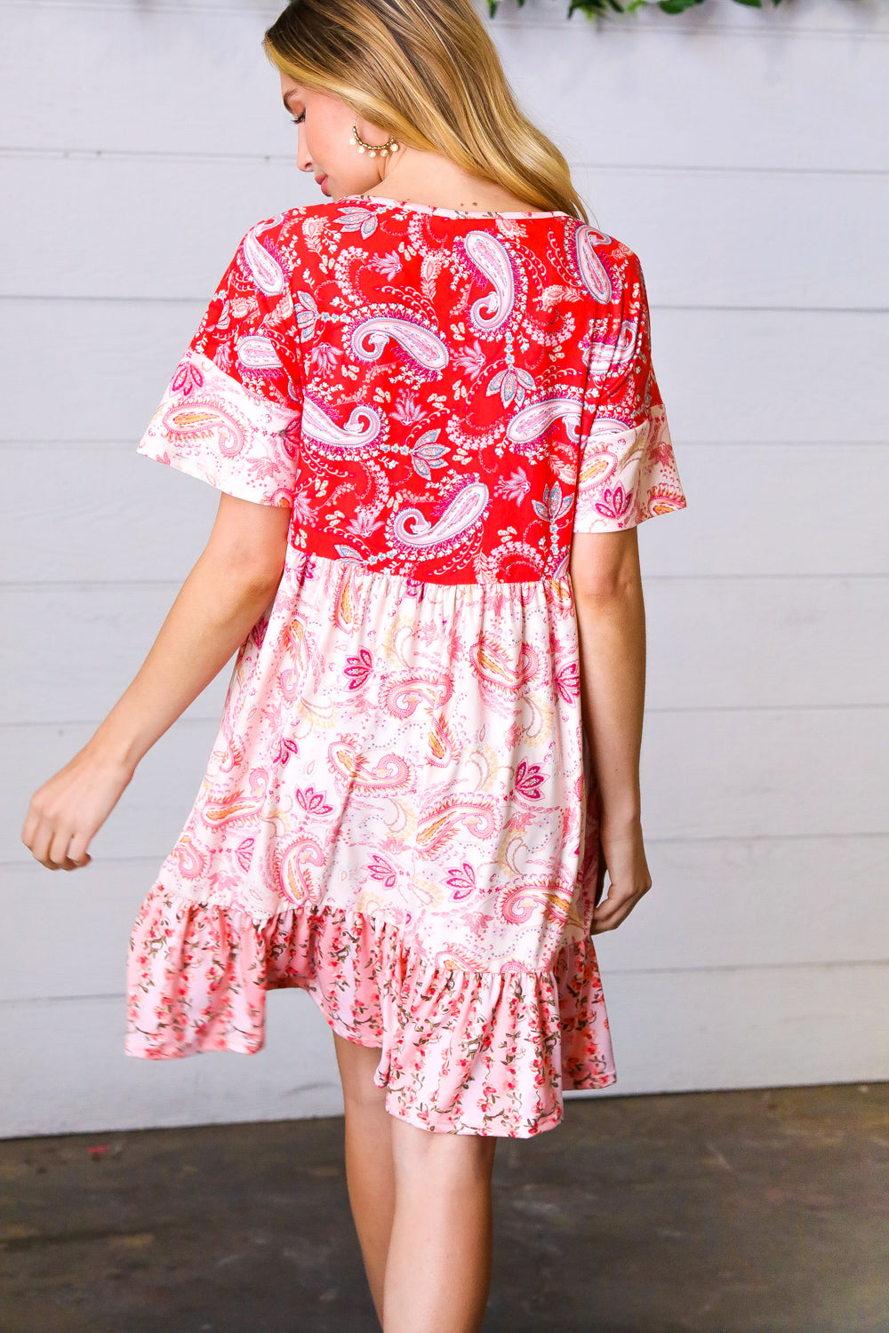 Red & Blush Floral Paisley Ruffle Hem Pocketed Dress