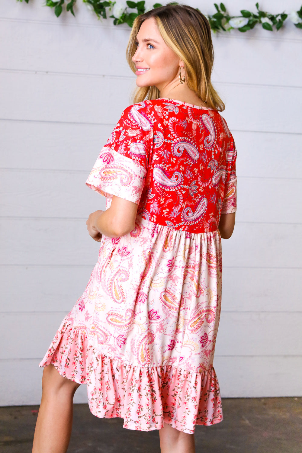 Red & Blush Floral Paisley Ruffle Hem Pocketed Dress