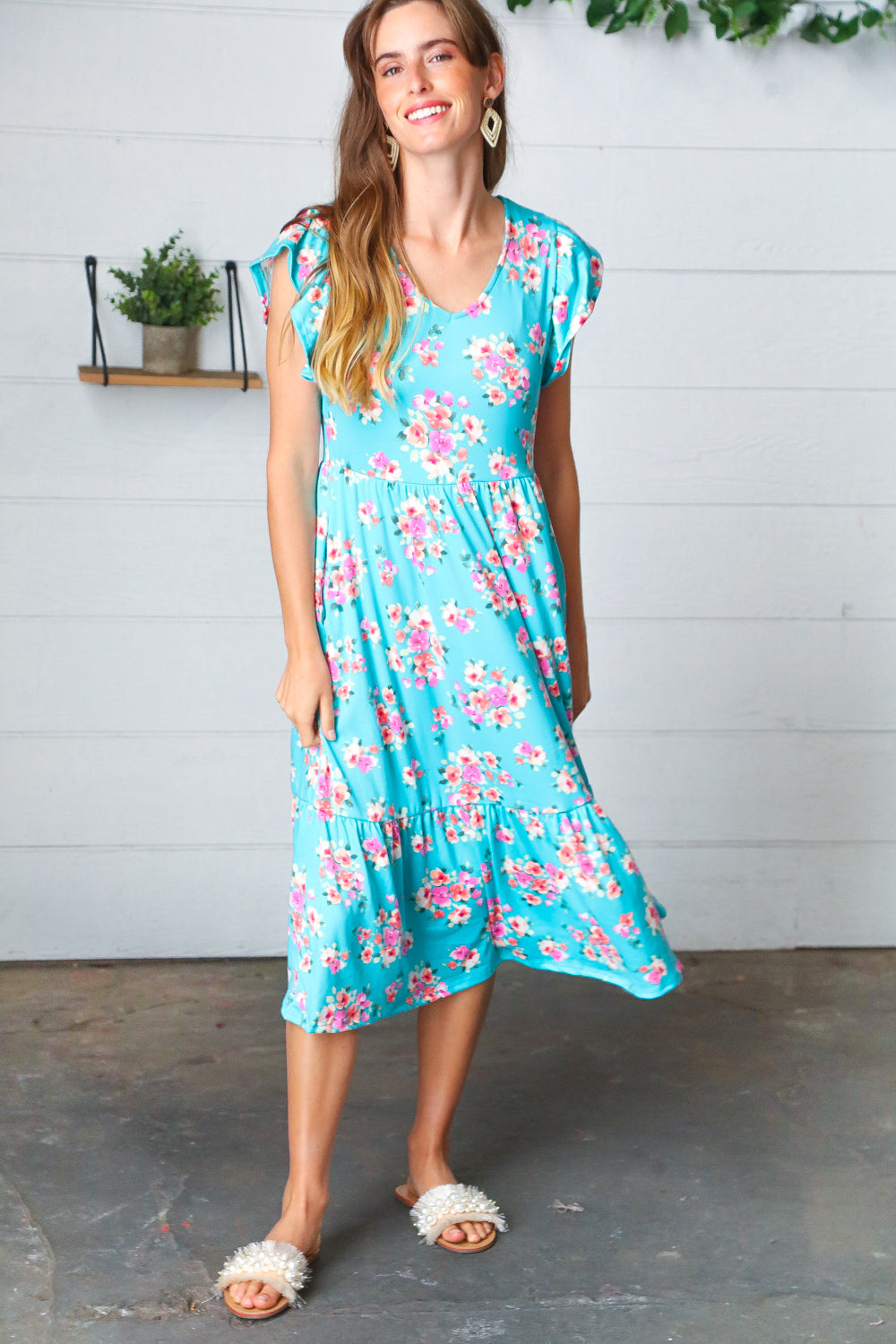 Aqua Floral Elastic Waist Fit and Flare Ruffle Midi Dress