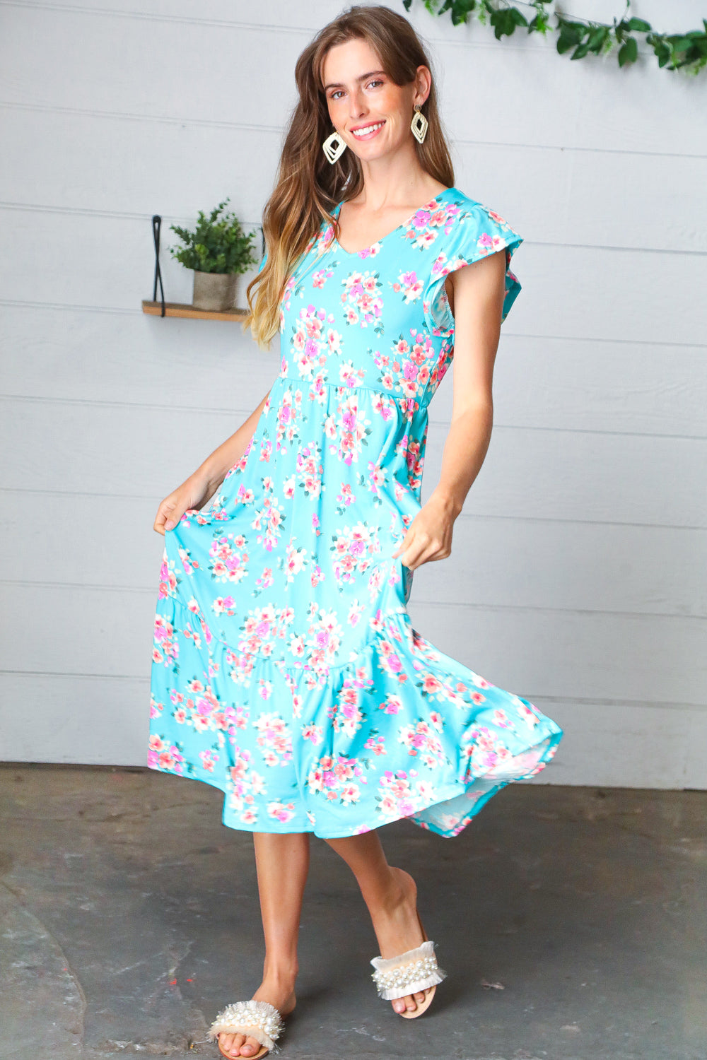 Aqua Floral Elastic Waist Fit and Flare Ruffle Midi Dress