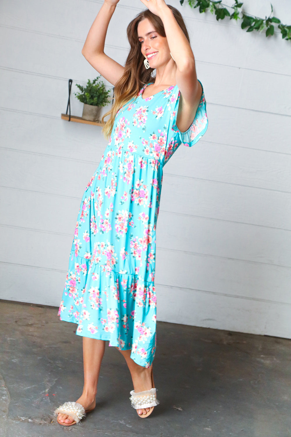 Aqua Floral Elastic Waist Fit and Flare Ruffle Midi Dress