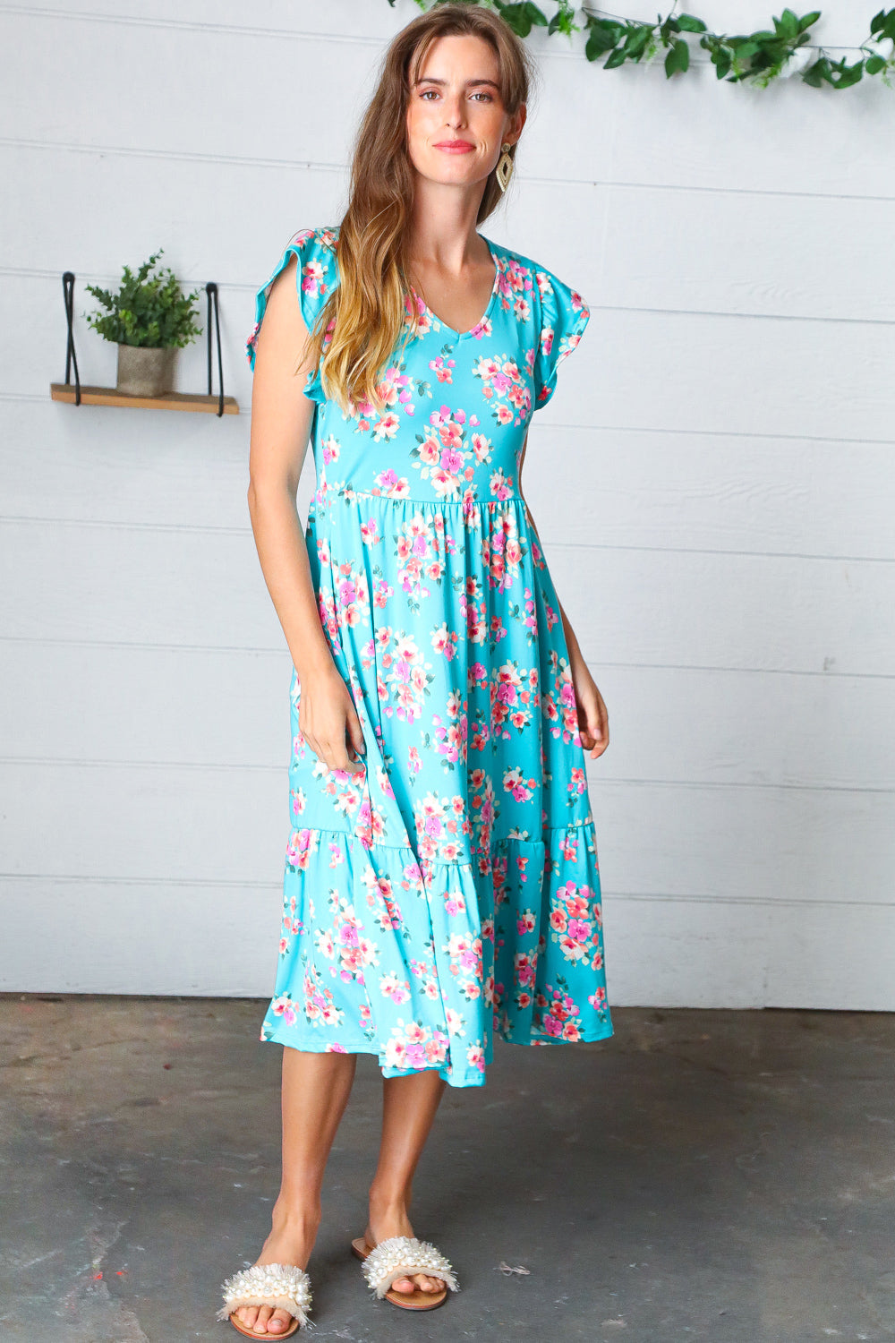 Aqua Floral Elastic Waist Fit and Flare Ruffle Midi Dress