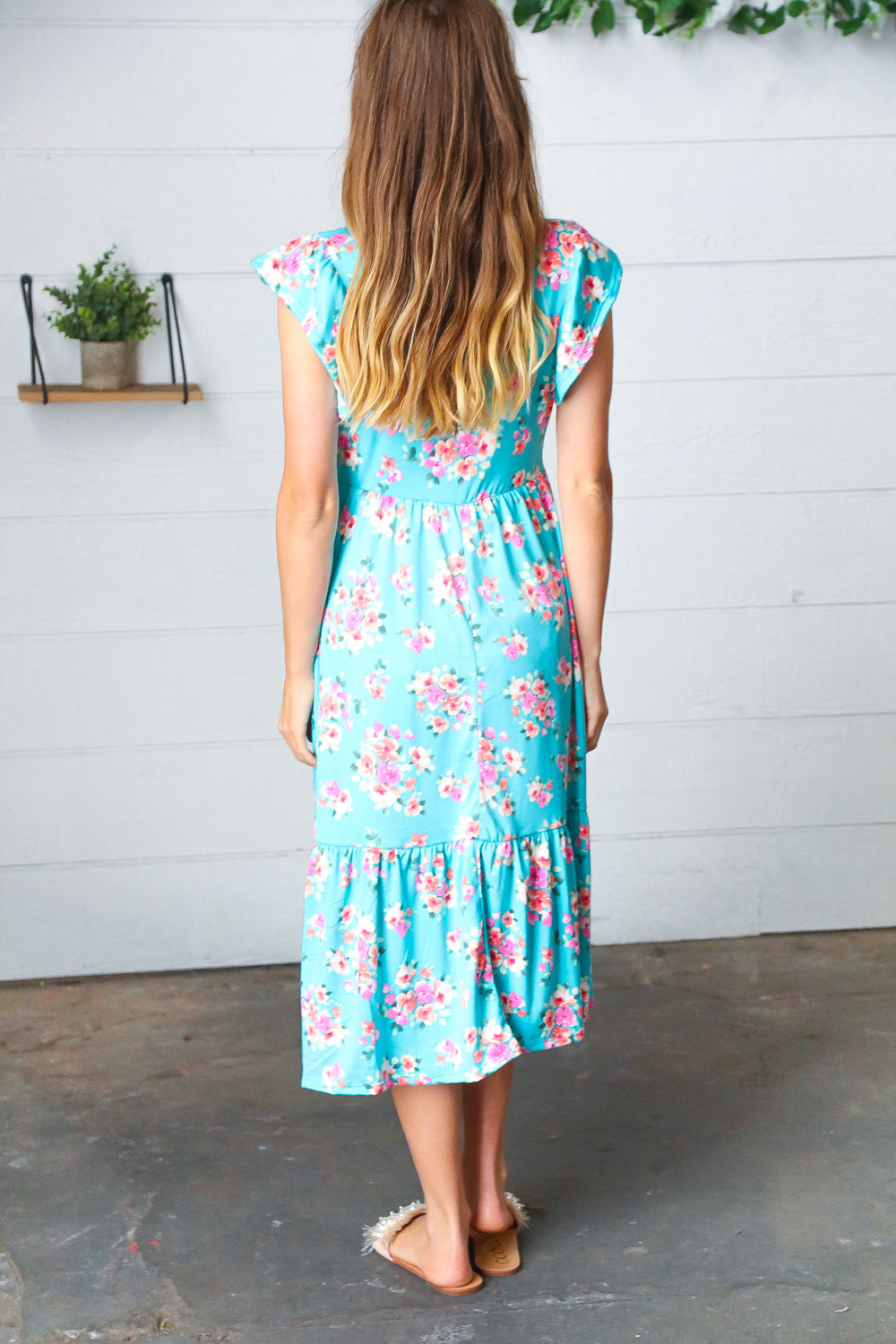 Aqua Floral Elastic Waist Fit and Flare Ruffle Midi Dress