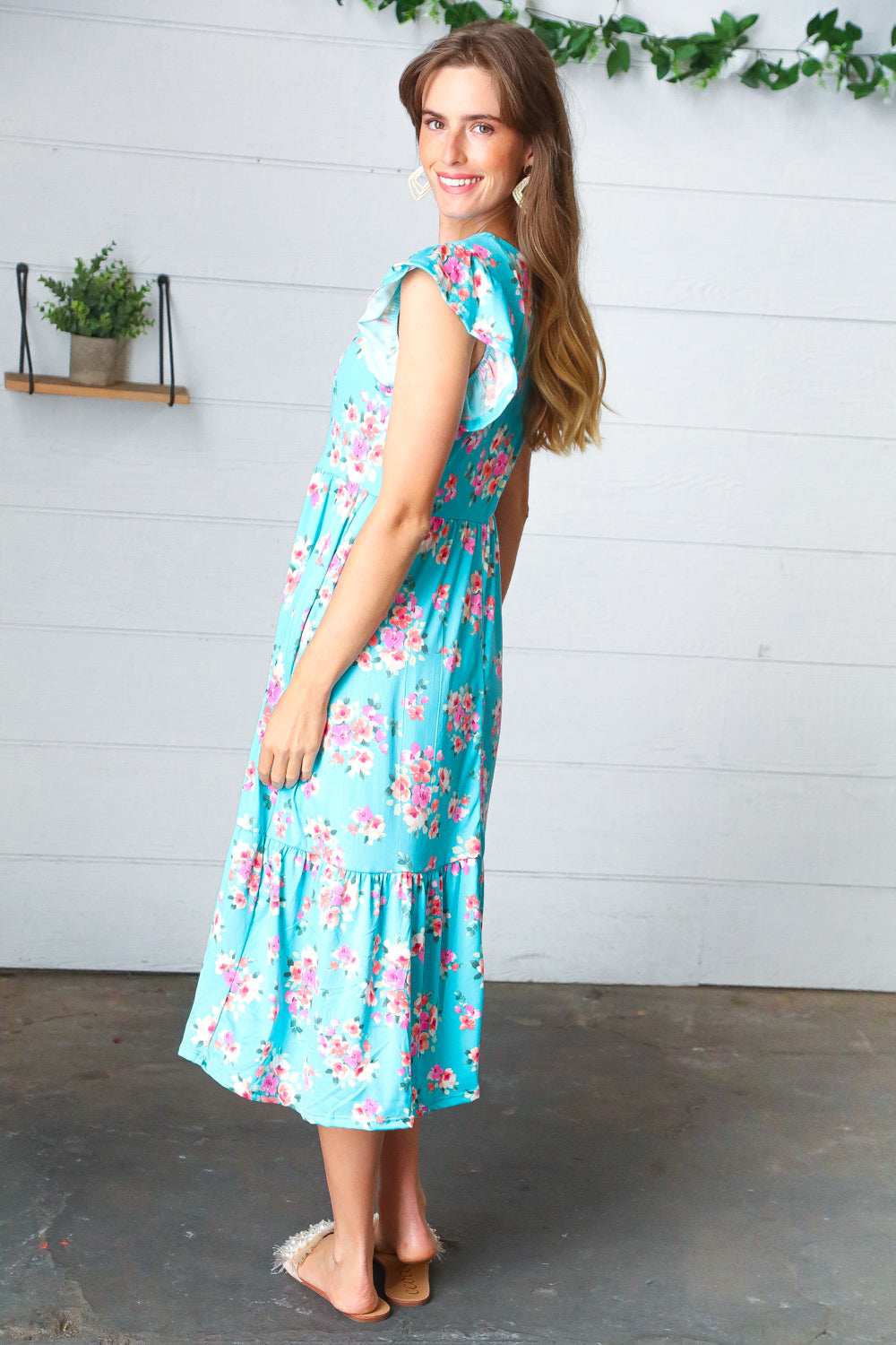 Aqua Floral Elastic Waist Fit and Flare Ruffle Midi Dress