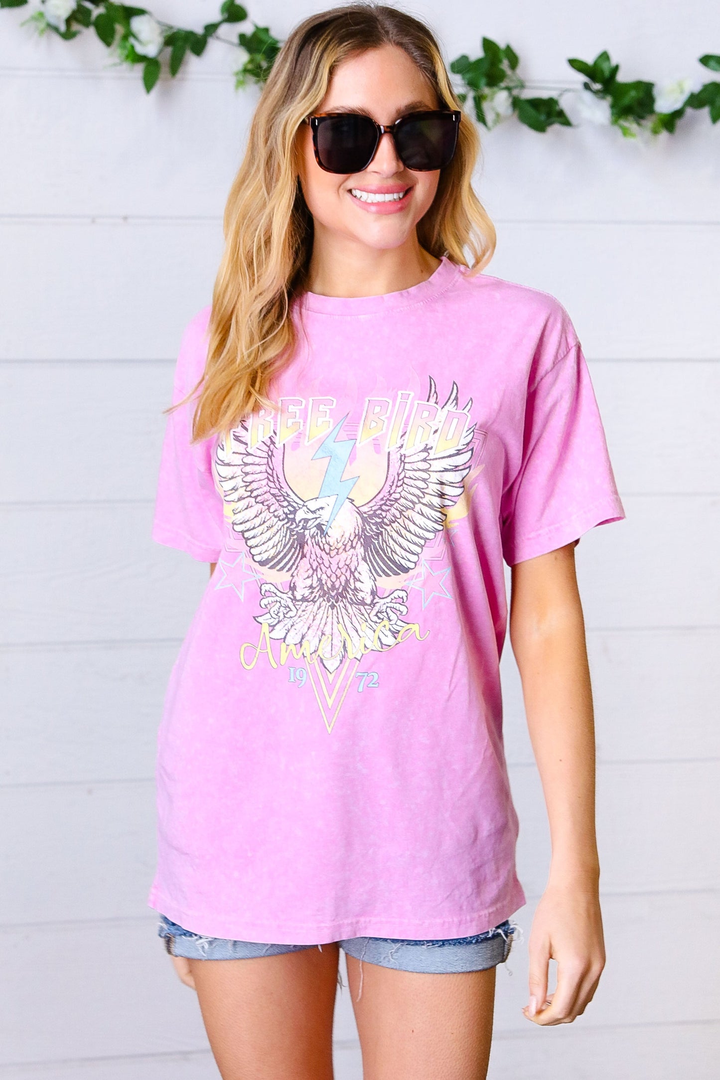 Acid Wash Pink "Free Bird" Graphic Tee