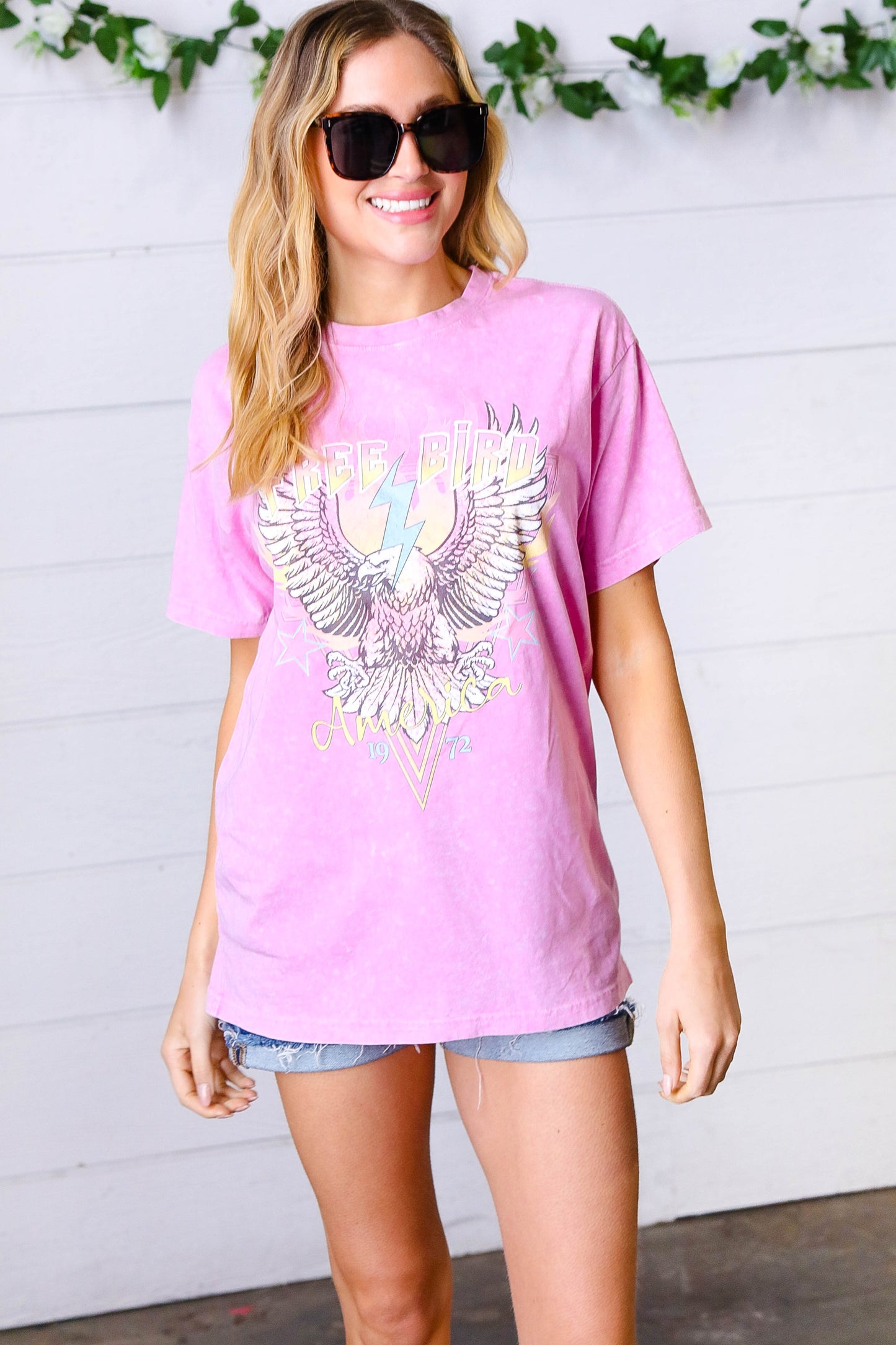 Acid Wash Pink "Free Bird" Graphic Tee