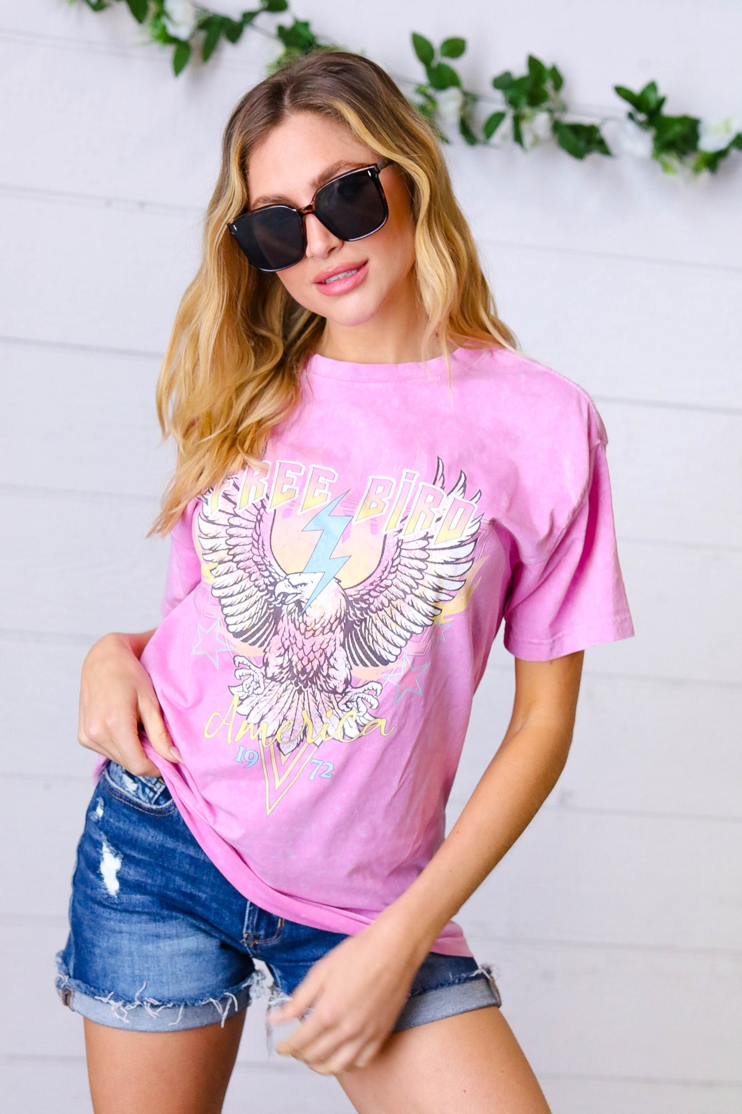 Acid Wash Pink "Free Bird" Graphic Tee