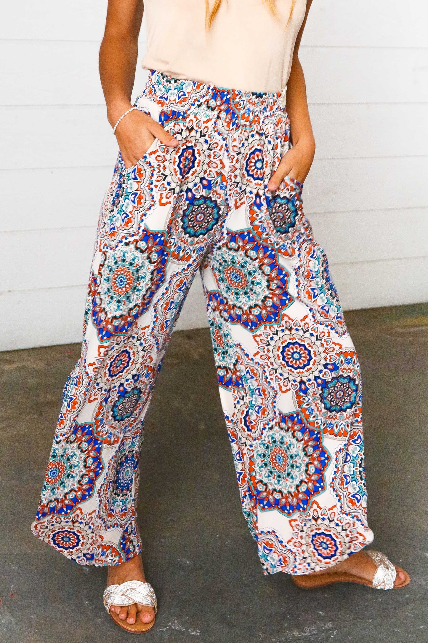 Azure Blue Boho Paisley Smocked Waist Slit Palazzo Pants