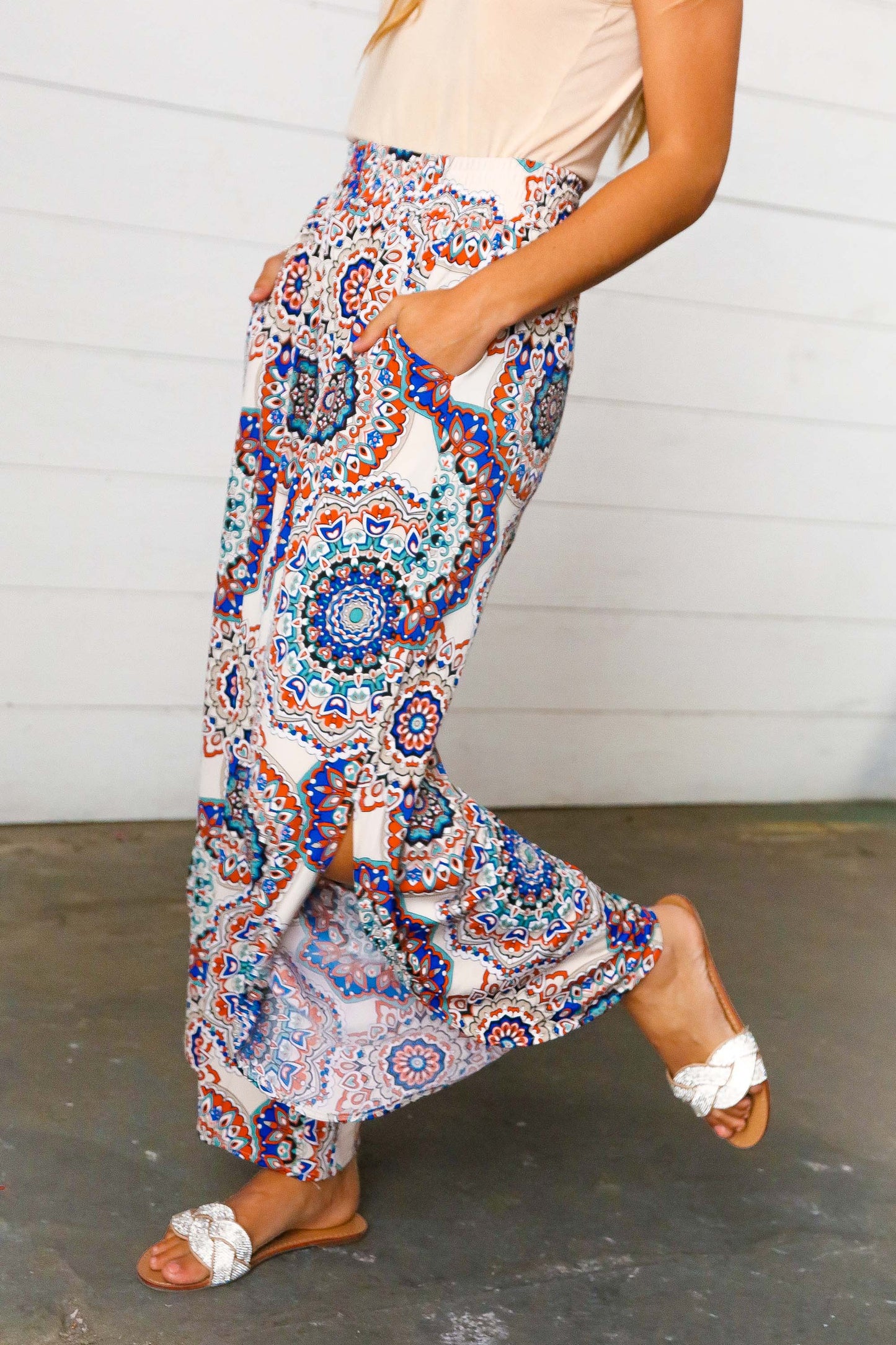 Azure Blue Boho Paisley Smocked Waist Slit Palazzo Pants