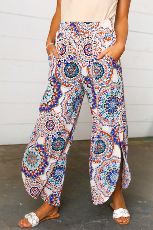 Azure Blue Boho Paisley Smocked Waist Slit Palazzo Pants