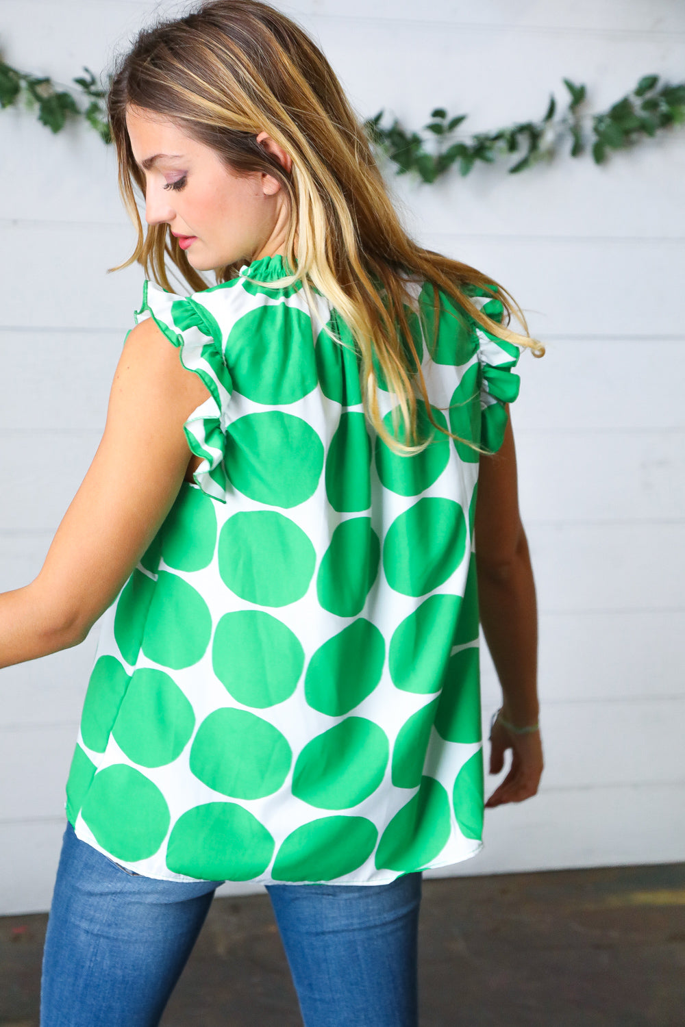 Green Polka-Dot Mock Neck Ruffle Sleeve Top