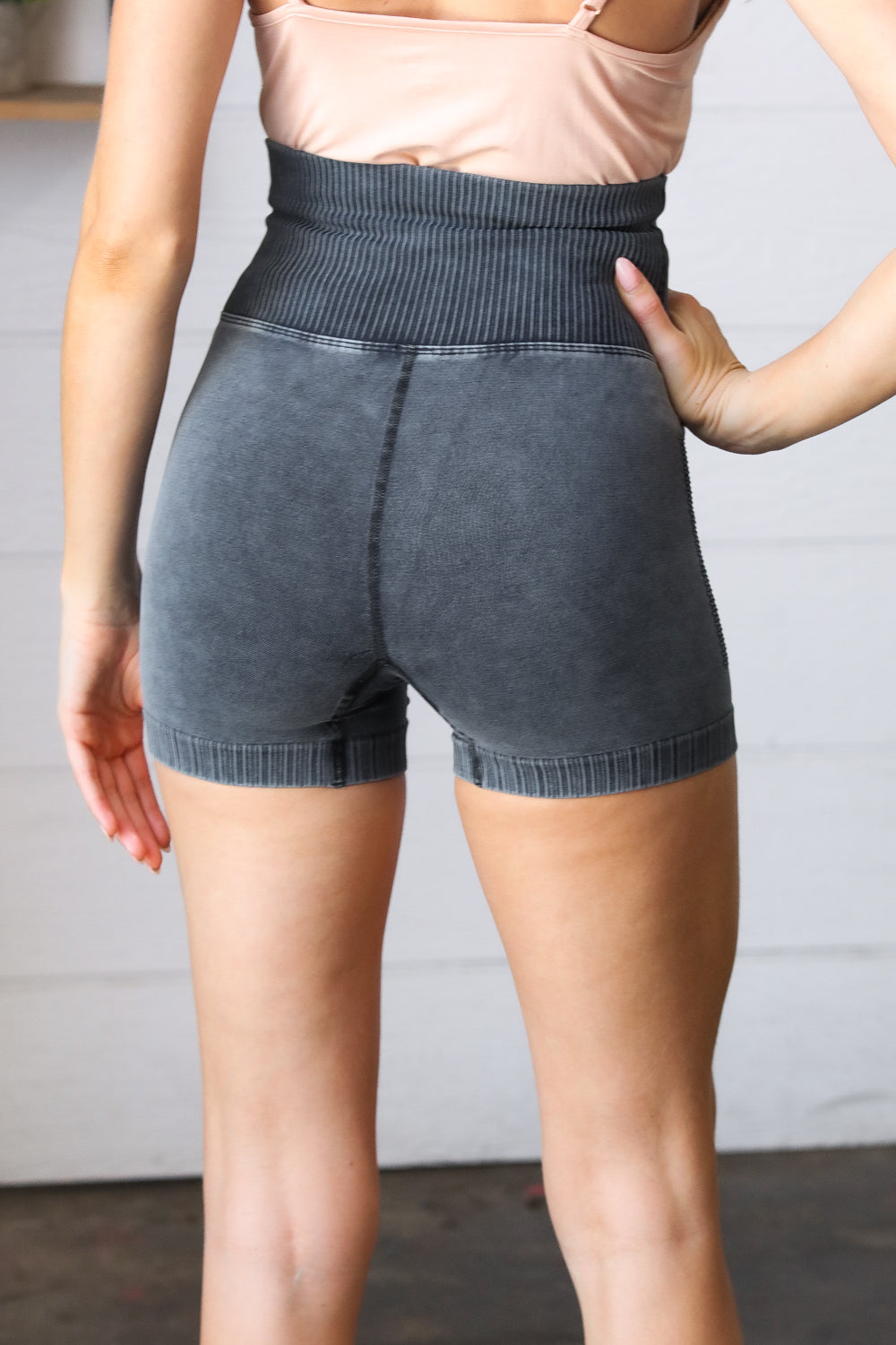 Black Washed Seamless High Waisted Eyelet Shorts