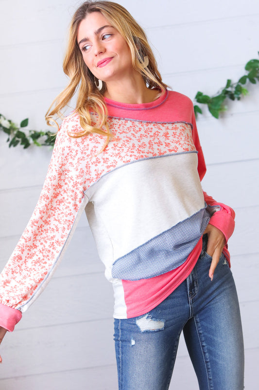 Coral Patchwork Two Tone Floral Outseam Top