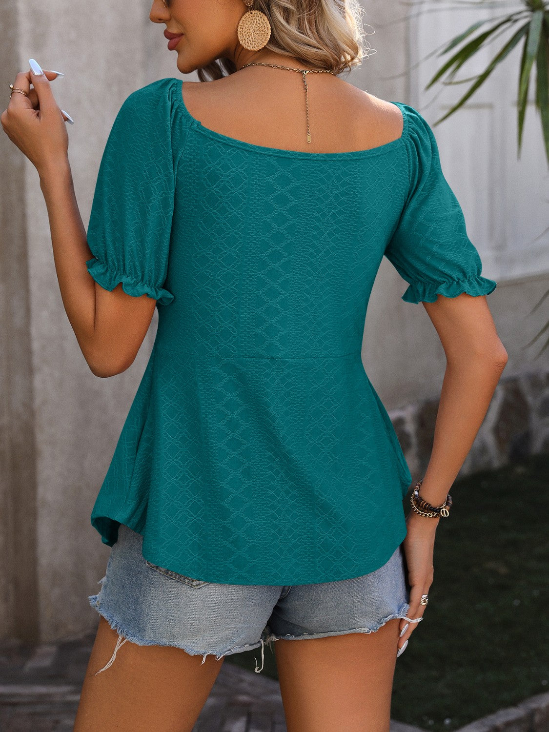 Ruched V-Neck Flounce Sleeve Blouse