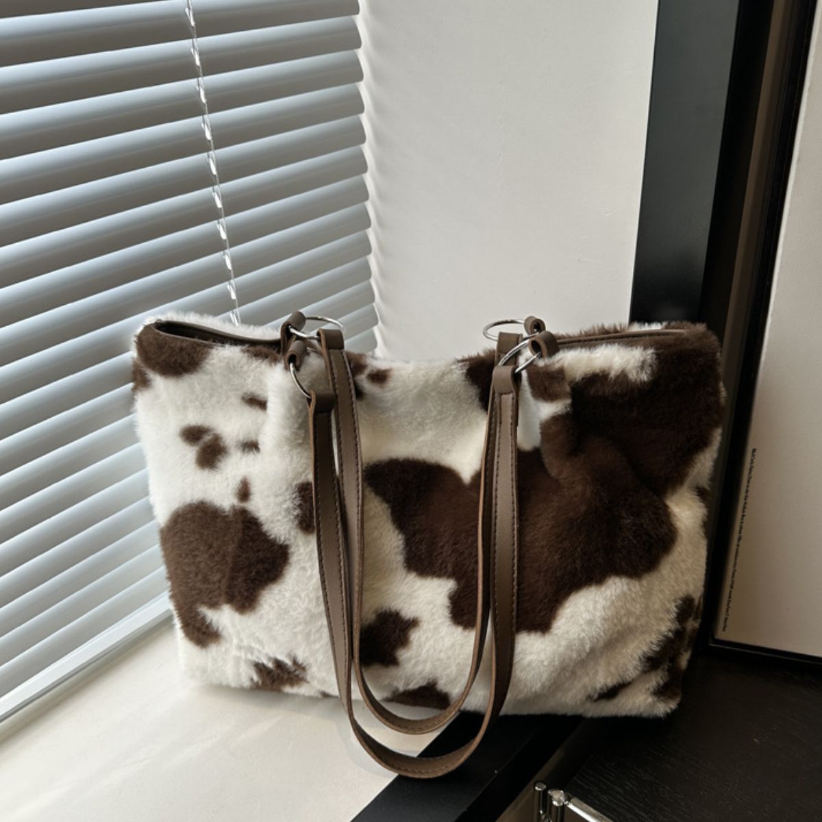 Cow Print Furry Tote Bag