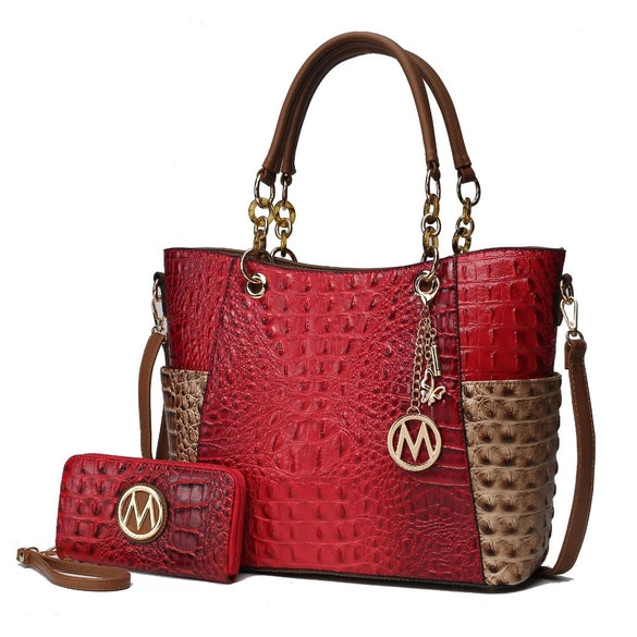 Merlina Faux Crocodile-Embossed Tote Bag with Wallet