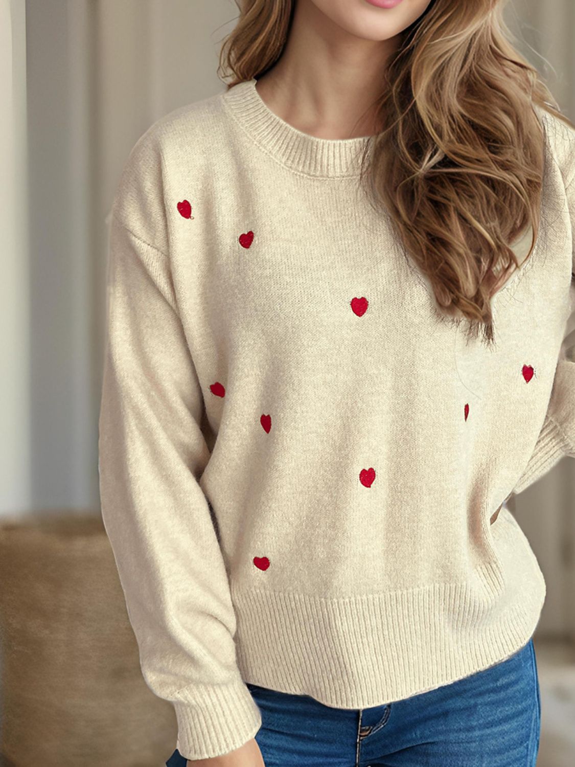 Heart Round Neck Long Sleeve Sweater