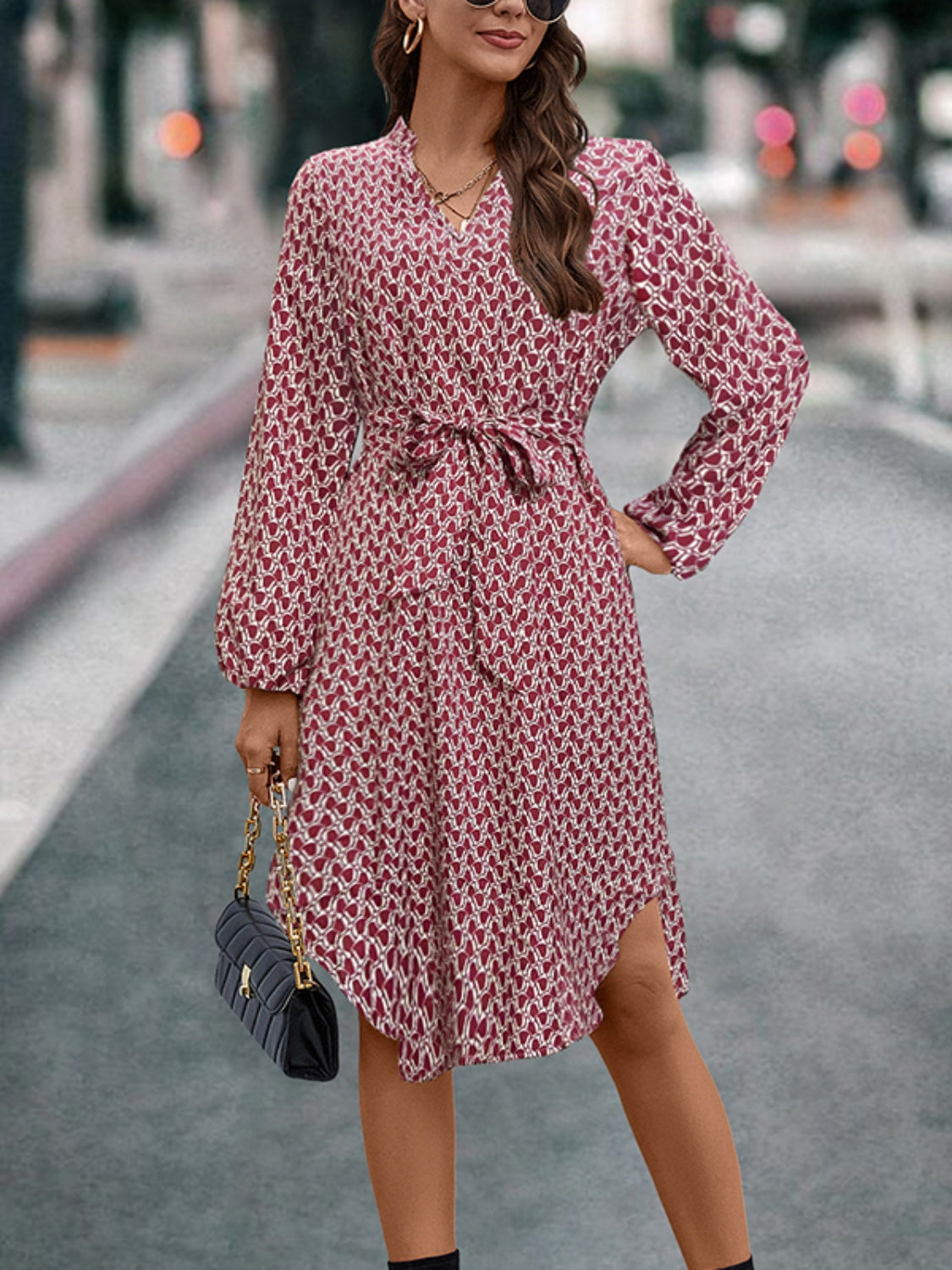 Tied Printed Notched Balloon Sleeve Dress