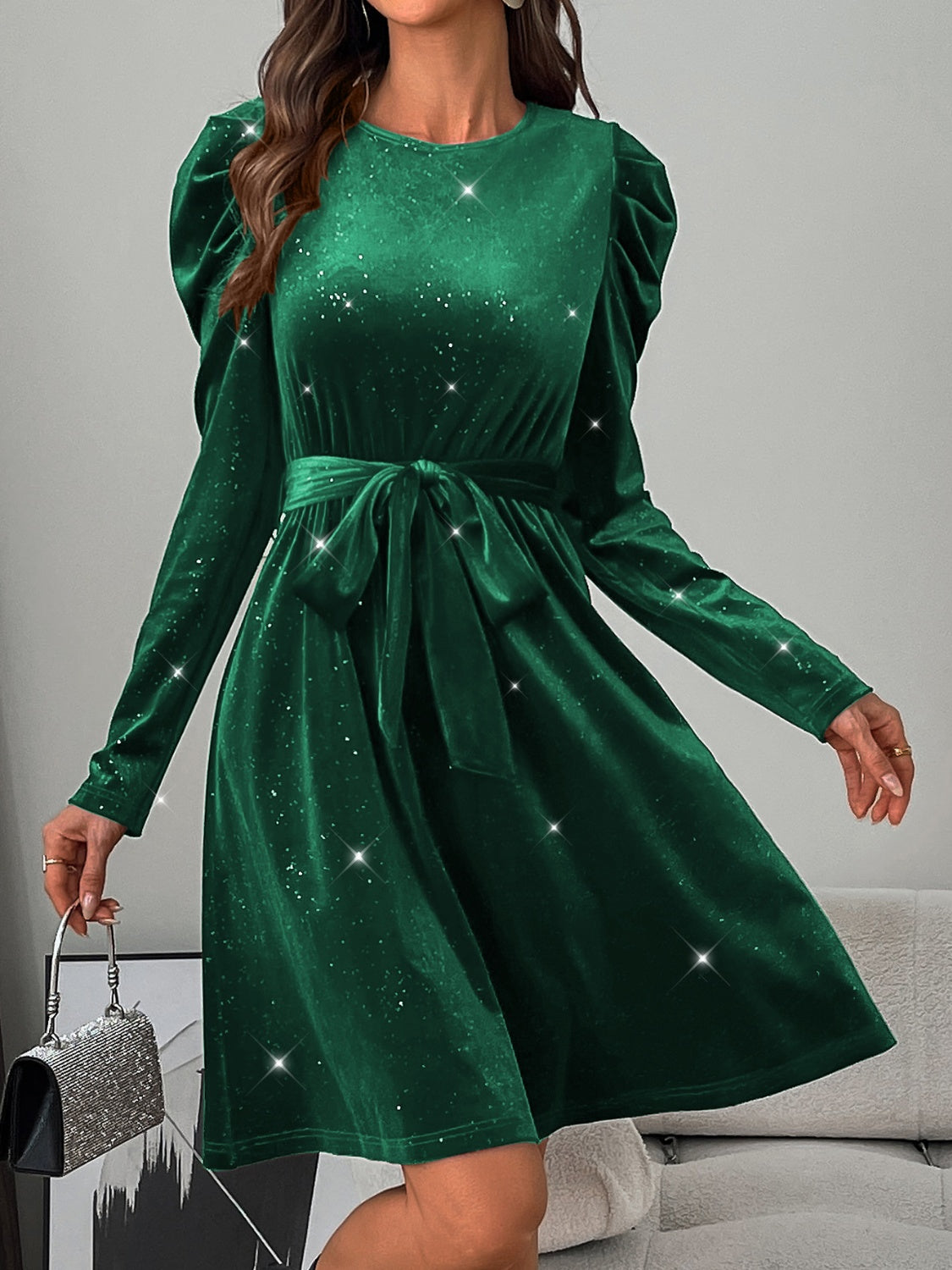 Glitter Round Neck Puff Sleeve Dress