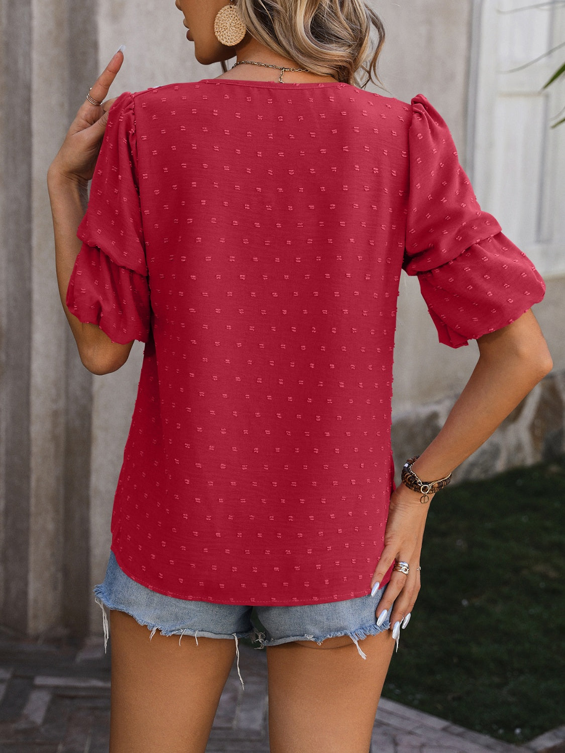 Swiss Dot V-Neck Short Sleeve Blouse