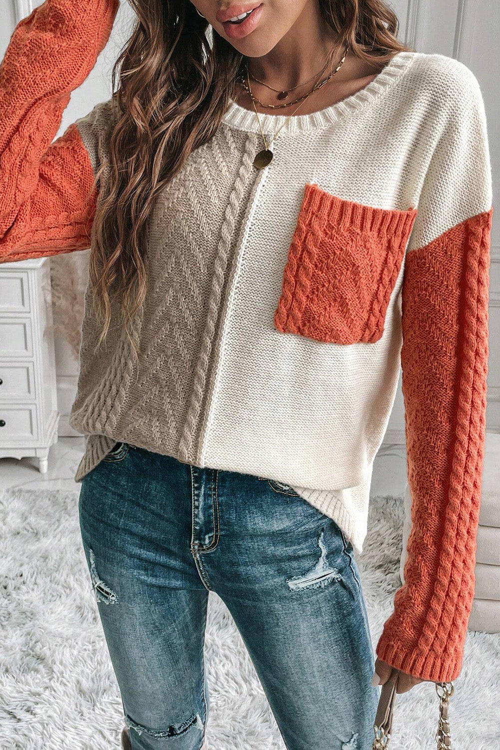 Color Block Round Neck Long Sleeve Sweater