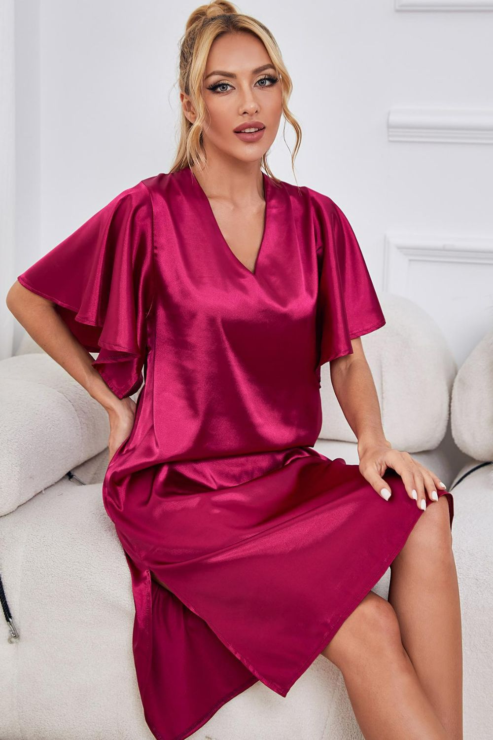 Satin Flutter Sleeve Side Slit V-Neck Night Dress