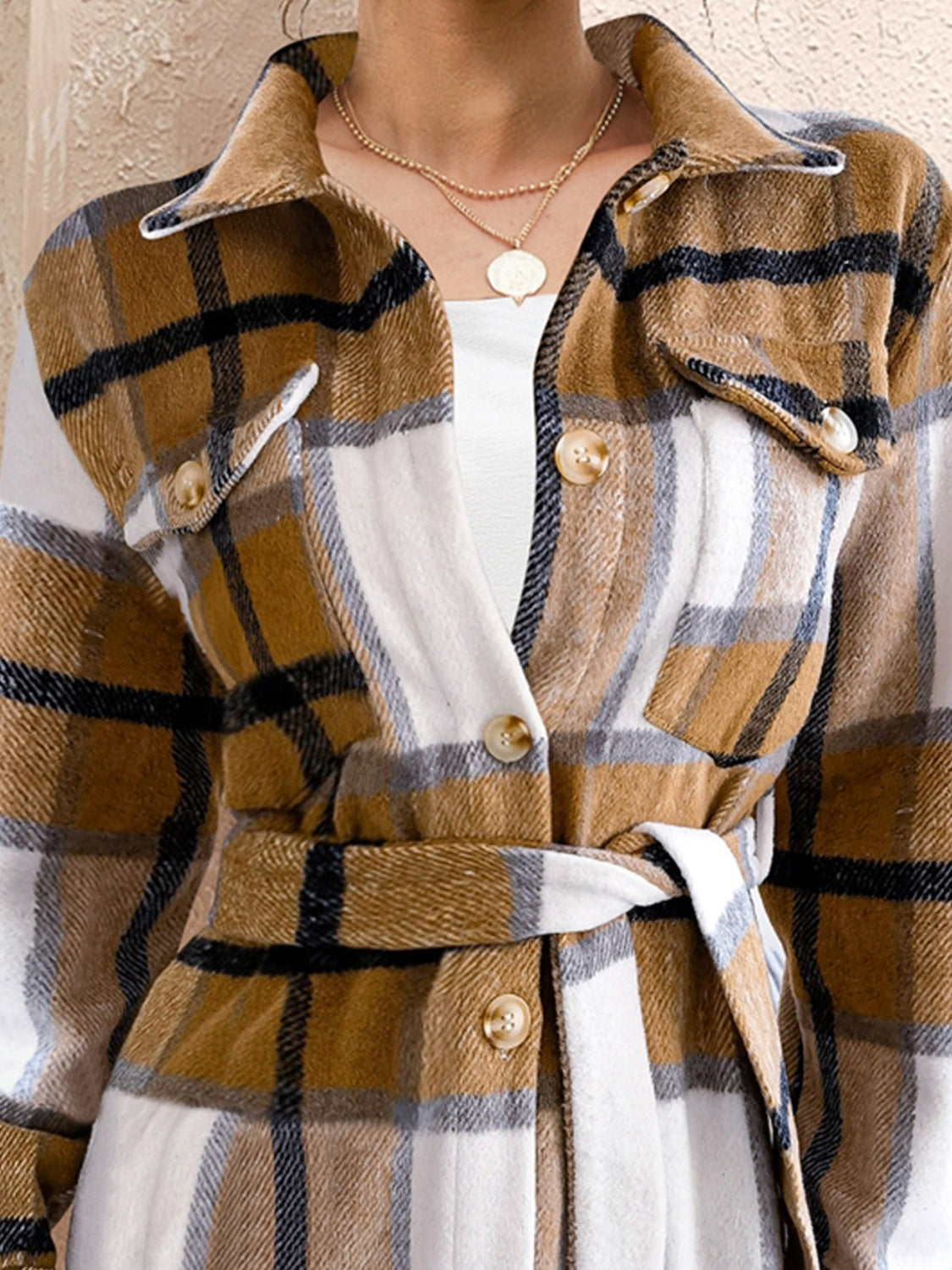 FAM-FAM Tied Plaid Button Up Shacket